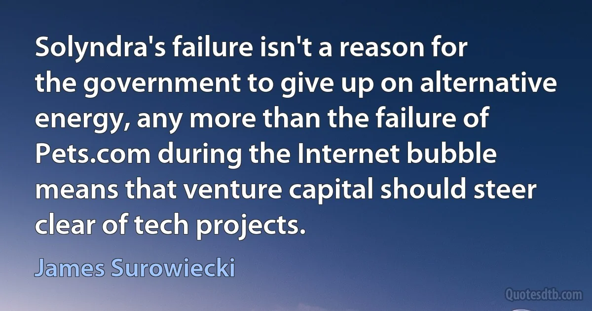 Solyndra's failure isn't a reason for the government to give up on alternative energy, any more than the failure of Pets.com during the Internet bubble means that venture capital should steer clear of tech projects. (James Surowiecki)