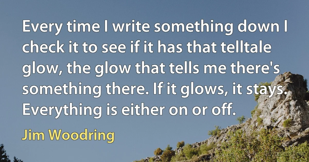 Every time I write something down I check it to see if it has that telltale glow, the glow that tells me there's something there. If it glows, it stays. Everything is either on or off. (Jim Woodring)