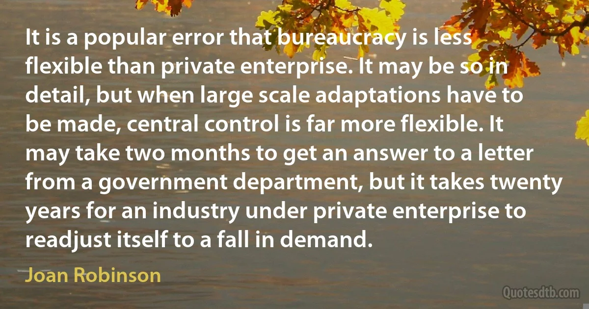 It is a popular error that bureaucracy is less flexible than private enterprise. It may be so in detail, but when large scale adaptations have to be made, central control is far more flexible. It may take two months to get an answer to a letter from a government department, but it takes twenty years for an industry under private enterprise to readjust itself to a fall in demand. (Joan Robinson)