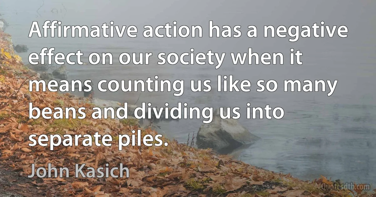 Affirmative action has a negative effect on our society when it means counting us like so many beans and dividing us into separate piles. (John Kasich)