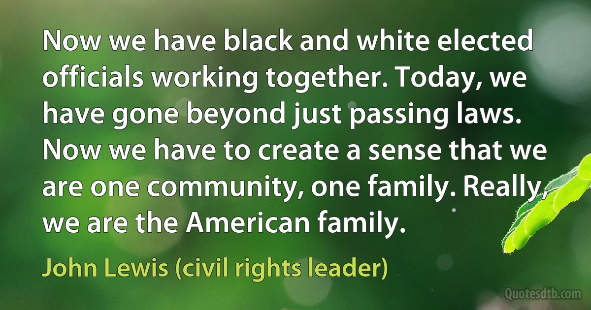 Now we have black and white elected officials working together. Today, we have gone beyond just passing laws. Now we have to create a sense that we are one community, one family. Really, we are the American family. (John Lewis (civil rights leader))