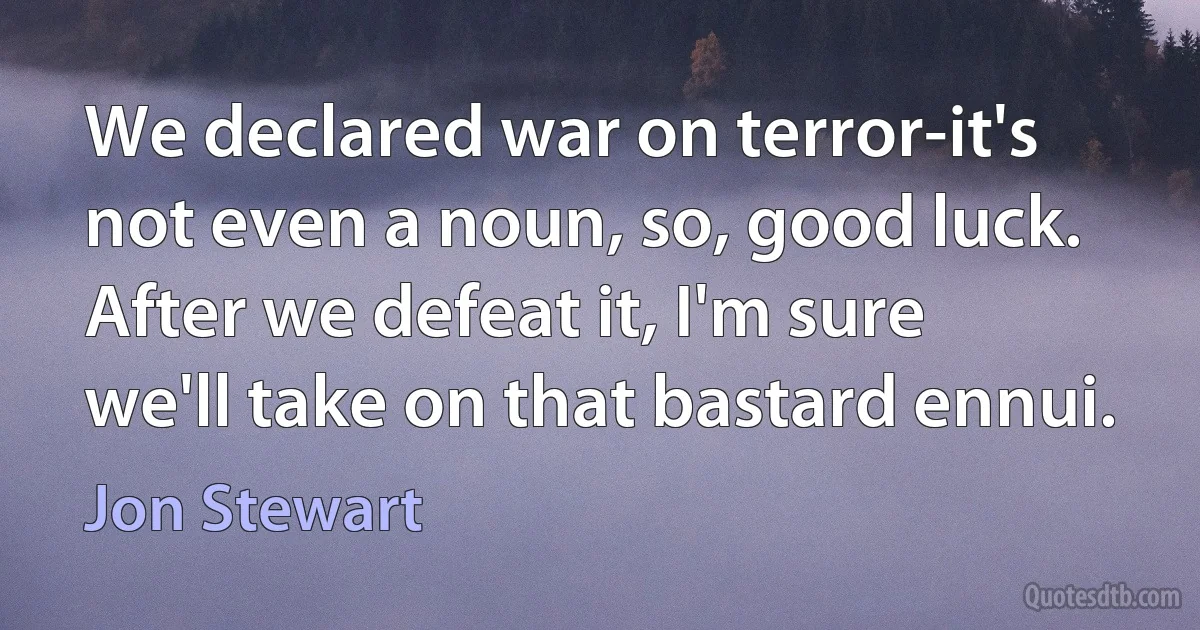 We declared war on terror-it's not even a noun, so, good luck. After we defeat it, I'm sure we'll take on that bastard ennui. (Jon Stewart)