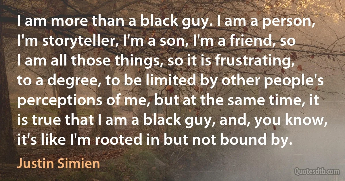 I am more than a black guy. I am a person, I'm storyteller, I'm a son, I'm a friend, so I am all those things, so it is frustrating, to a degree, to be limited by other people's perceptions of me, but at the same time, it is true that I am a black guy, and, you know, it's like I'm rooted in but not bound by. (Justin Simien)