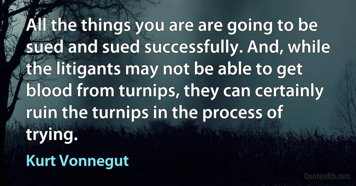 All the things you are are going to be sued and sued successfully. And, while the litigants may not be able to get blood from turnips, they can certainly ruin the turnips in the process of trying. (Kurt Vonnegut)