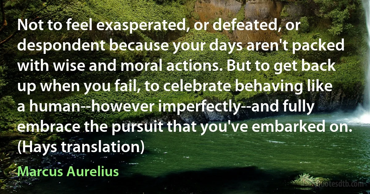 Not to feel exasperated, or defeated, or despondent because your days aren't packed with wise and moral actions. But to get back up when you fail, to celebrate behaving like a human--however imperfectly--and fully embrace the pursuit that you've embarked on. (Hays translation) (Marcus Aurelius)