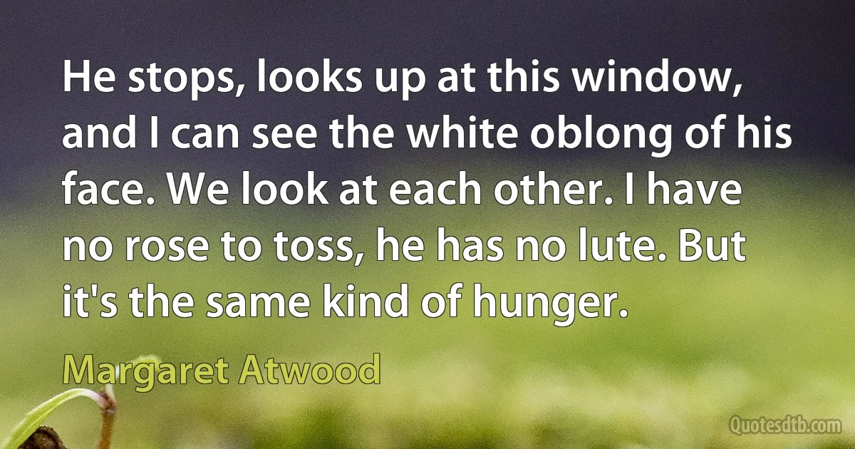 He stops, looks up at this window, and I can see the white oblong of his face. We look at each other. I have no rose to toss, he has no lute. But it's the same kind of hunger. (Margaret Atwood)