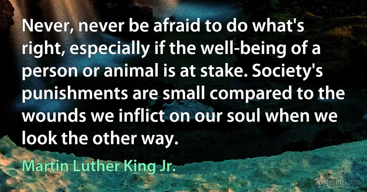 Never, never be afraid to do what's right, especially if the well-being of a person or animal is at stake. Society's punishments are small compared to the wounds we inflict on our soul when we look the other way. (Martin Luther King Jr.)