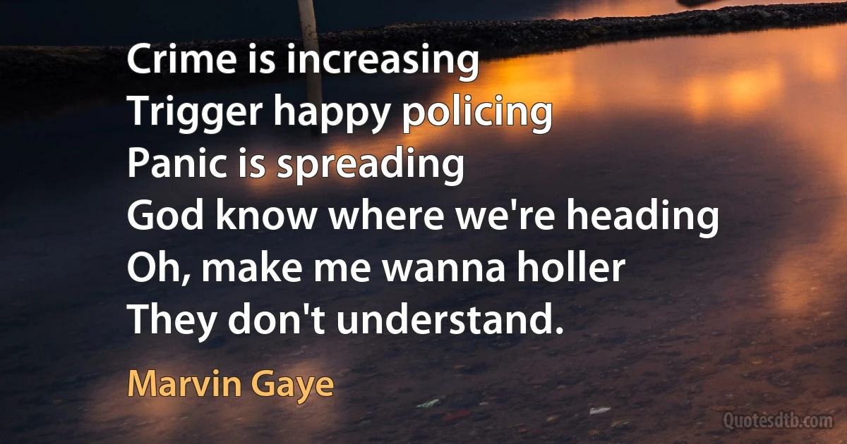 Crime is increasing
Trigger happy policing
Panic is spreading
God know where we're heading
Oh, make me wanna holler
They don't understand. (Marvin Gaye)