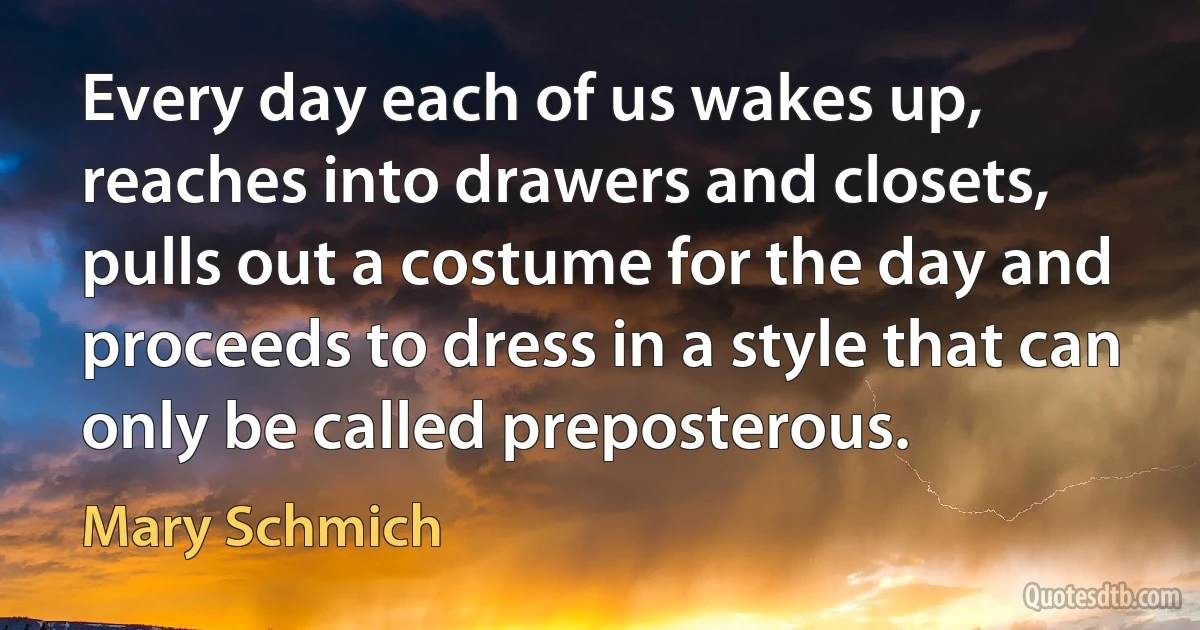 Every day each of us wakes up, reaches into drawers and closets, pulls out a costume for the day and proceeds to dress in a style that can only be called preposterous. (Mary Schmich)