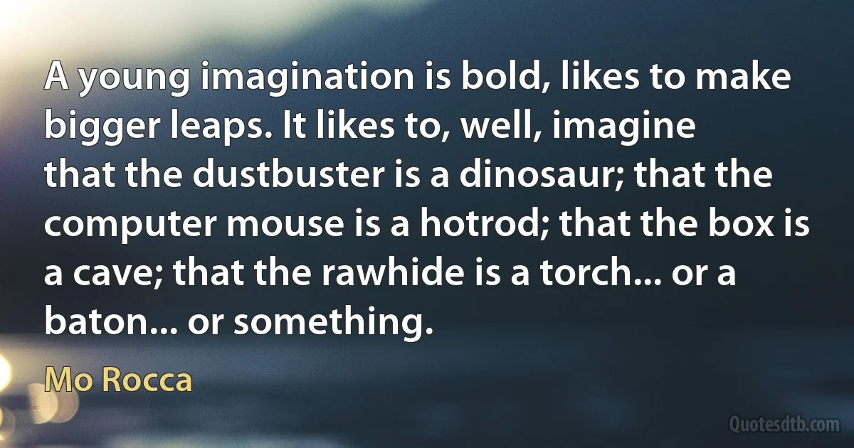 A young imagination is bold, likes to make bigger leaps. It likes to, well, imagine that the dustbuster is a dinosaur; that the computer mouse is a hotrod; that the box is a cave; that the rawhide is a torch... or a baton... or something. (Mo Rocca)