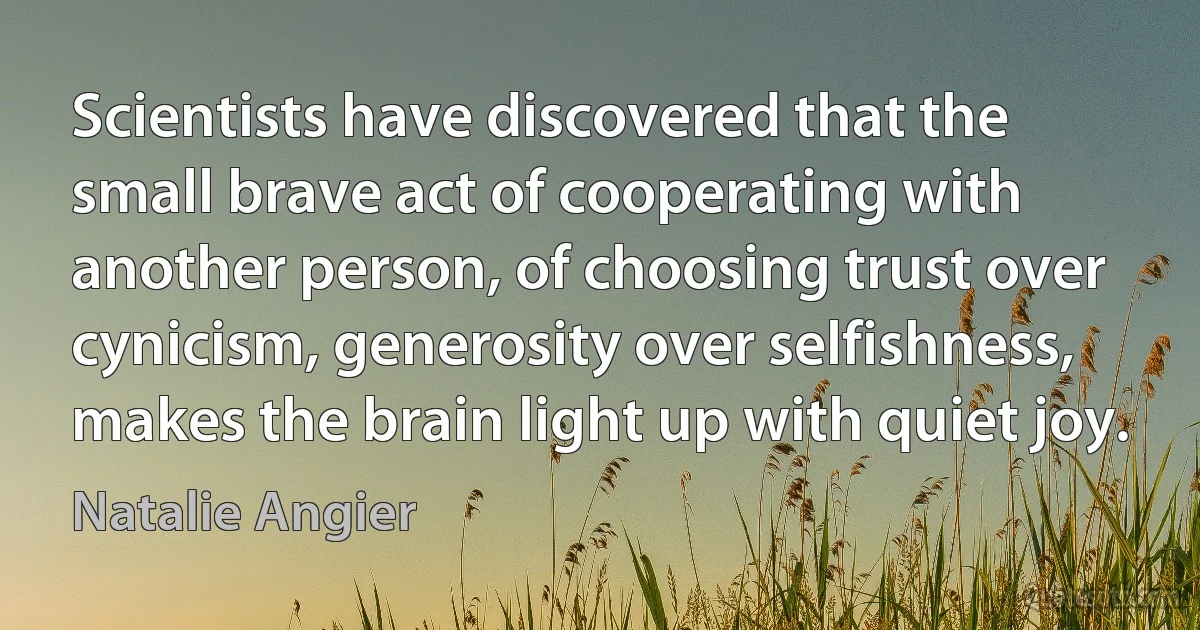 Scientists have discovered that the small brave act of cooperating with another person, of choosing trust over cynicism, generosity over selfishness, makes the brain light up with quiet joy. (Natalie Angier)