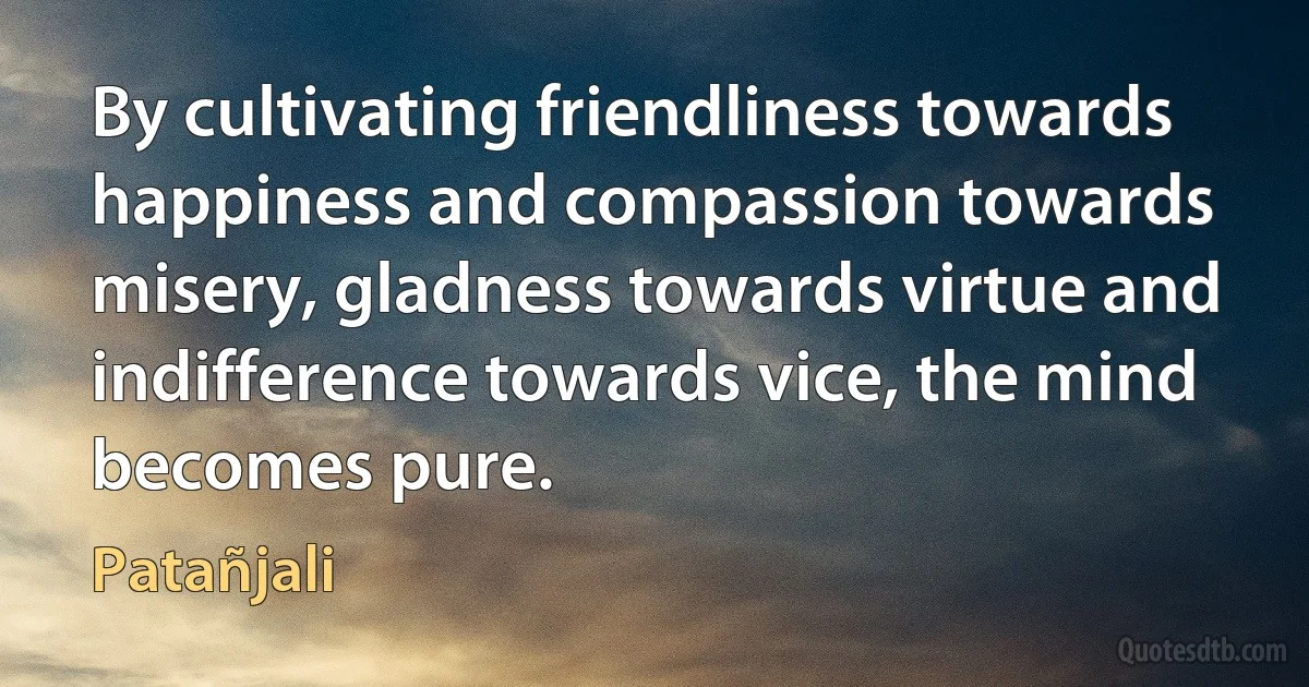 By cultivating friendliness towards happiness and compassion towards misery, gladness towards virtue and indifference towards vice, the mind becomes pure. (Patañjali)