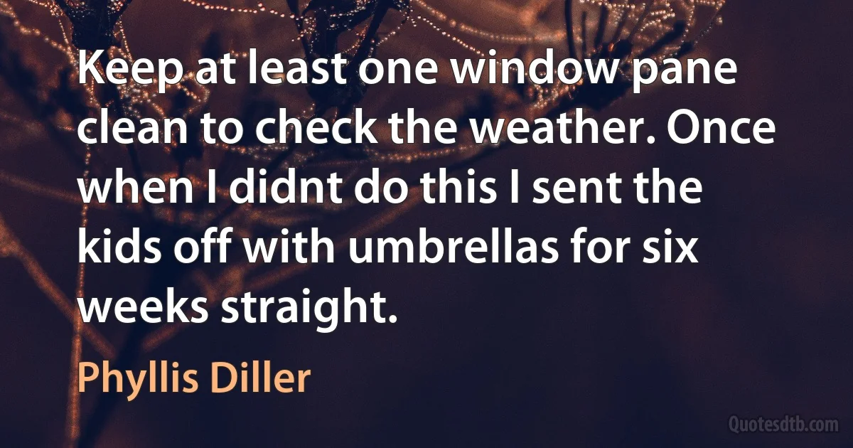 Keep at least one window pane clean to check the weather. Once when I didnt do this I sent the kids off with umbrellas for six weeks straight. (Phyllis Diller)