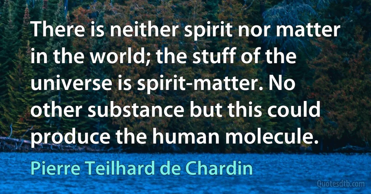 There is neither spirit nor matter in the world; the stuff of the universe is spirit-matter. No other substance but this could produce the human molecule. (Pierre Teilhard de Chardin)