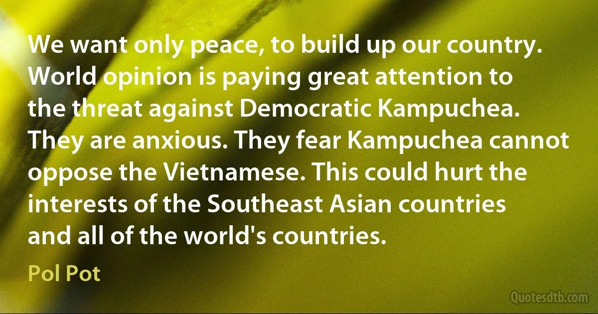 We want only peace, to build up our country. World opinion is paying great attention to the threat against Democratic Kampuchea. They are anxious. They fear Kampuchea cannot oppose the Vietnamese. This could hurt the interests of the Southeast Asian countries and all of the world's countries. (Pol Pot)