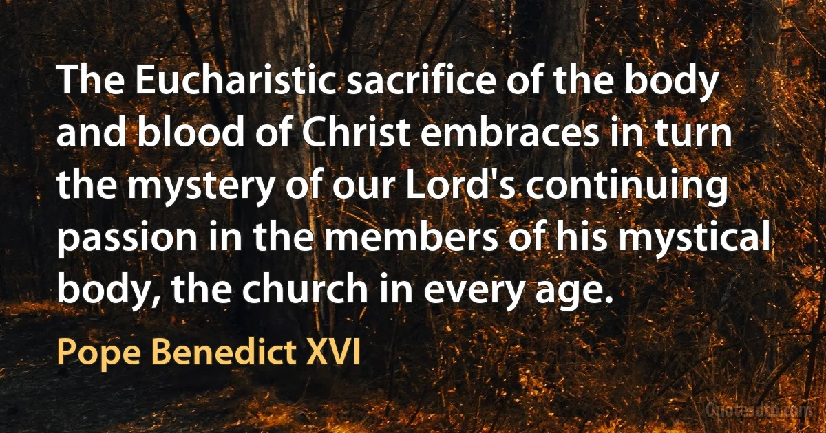 The Eucharistic sacrifice of the body and blood of Christ embraces in turn the mystery of our Lord's continuing passion in the members of his mystical body, the church in every age. (Pope Benedict XVI)