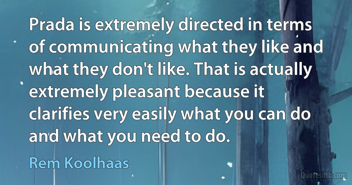 Prada is extremely directed in terms of communicating what they like and what they don't like. That is actually extremely pleasant because it clarifies very easily what you can do and what you need to do. (Rem Koolhaas)