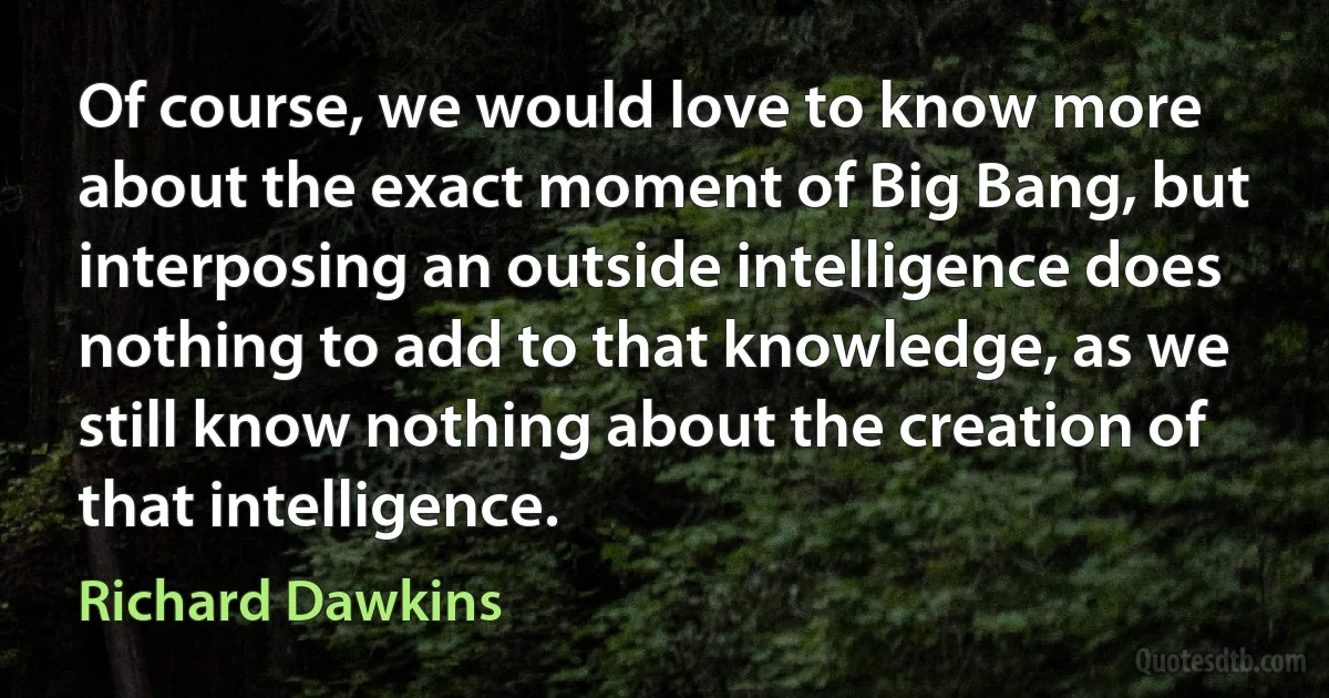 Of course, we would love to know more about the exact moment of Big Bang, but interposing an outside intelligence does nothing to add to that knowledge, as we still know nothing about the creation of that intelligence. (Richard Dawkins)