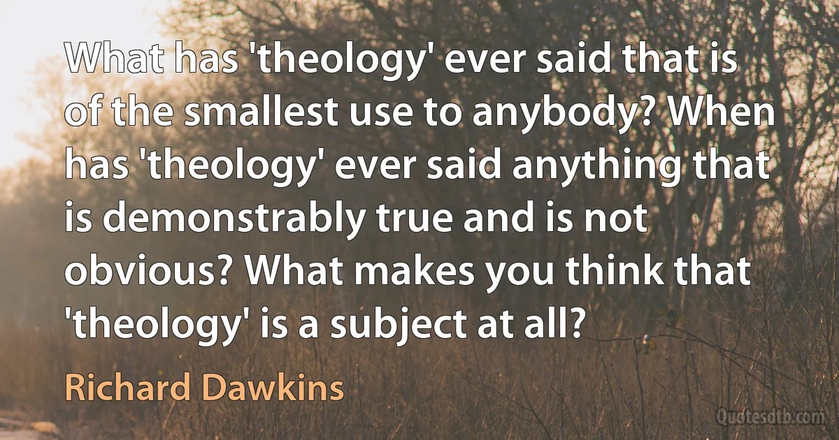 What has 'theology' ever said that is of the smallest use to anybody? When has 'theology' ever said anything that is demonstrably true and is not obvious? What makes you think that 'theology' is a subject at all? (Richard Dawkins)