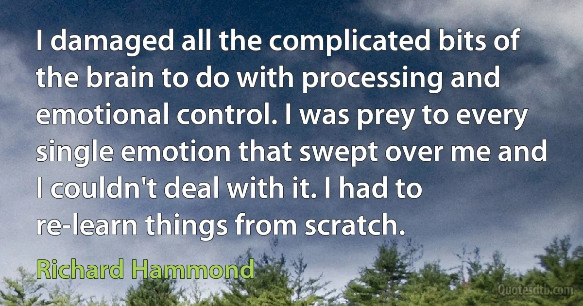 I damaged all the complicated bits of the brain to do with processing and emotional control. I was prey to every single emotion that swept over me and I couldn't deal with it. I had to re-learn things from scratch. (Richard Hammond)