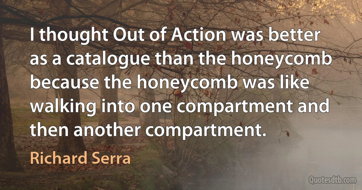 I thought Out of Action was better as a catalogue than the honeycomb because the honeycomb was like walking into one compartment and then another compartment. (Richard Serra)