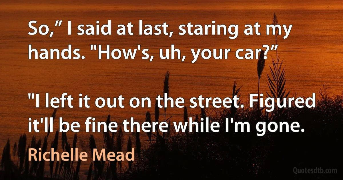 So,” I said at last, staring at my hands. "How's, uh, your car?”

"I left it out on the street. Figured it'll be fine there while I'm gone. (Richelle Mead)