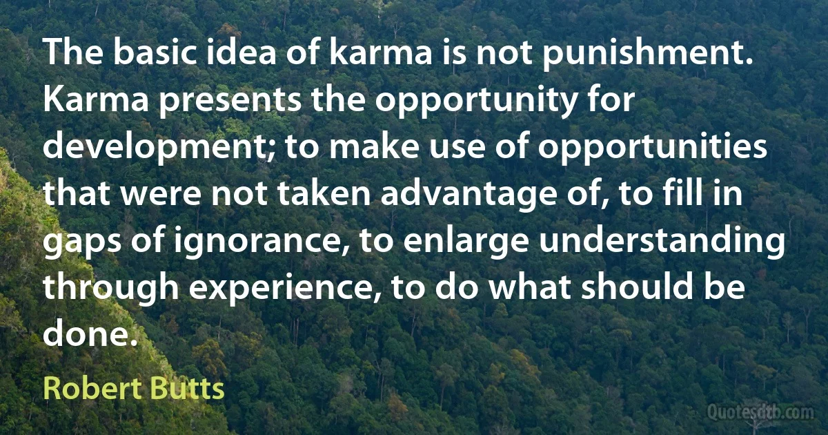 The basic idea of karma is not punishment. Karma presents the opportunity for development; to make use of opportunities that were not taken advantage of, to fill in gaps of ignorance, to enlarge understanding through experience, to do what should be done. (Robert Butts)