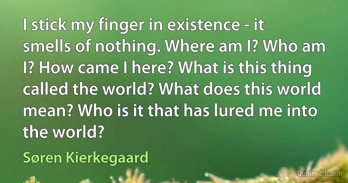 I stick my finger in existence - it smells of nothing. Where am I? Who am I? How came I here? What is this thing called the world? What does this world mean? Who is it that has lured me into the world? (Søren Kierkegaard)