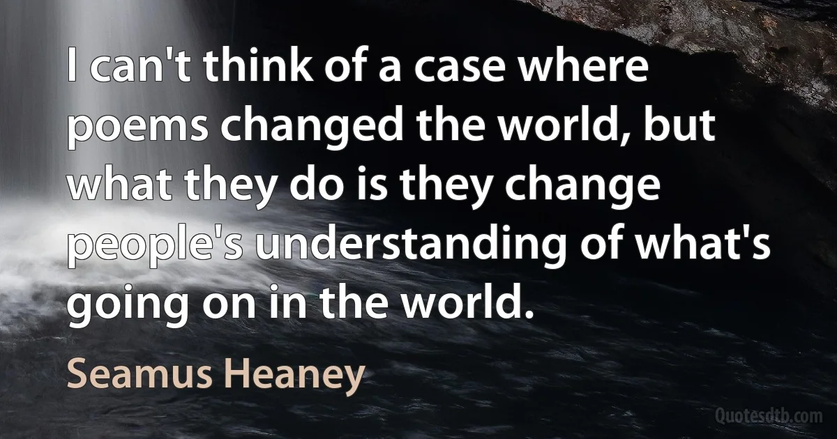 I can't think of a case where poems changed the world, but what they do is they change people's understanding of what's going on in the world. (Seamus Heaney)