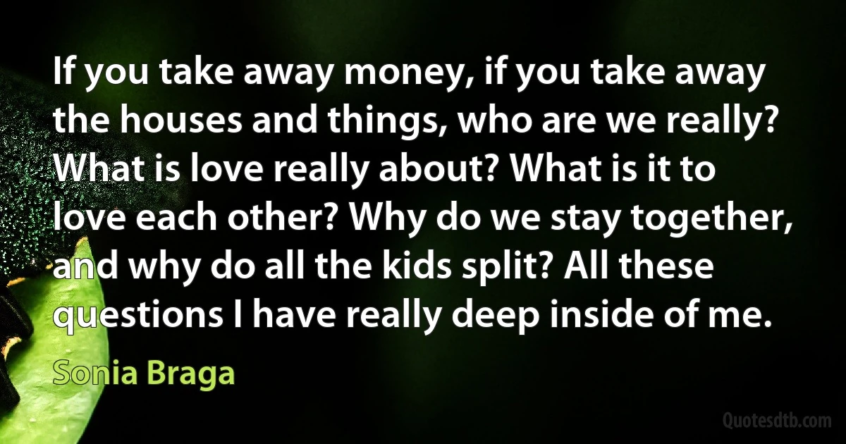 If you take away money, if you take away the houses and things, who are we really? What is love really about? What is it to love each other? Why do we stay together, and why do all the kids split? All these questions I have really deep inside of me. (Sonia Braga)