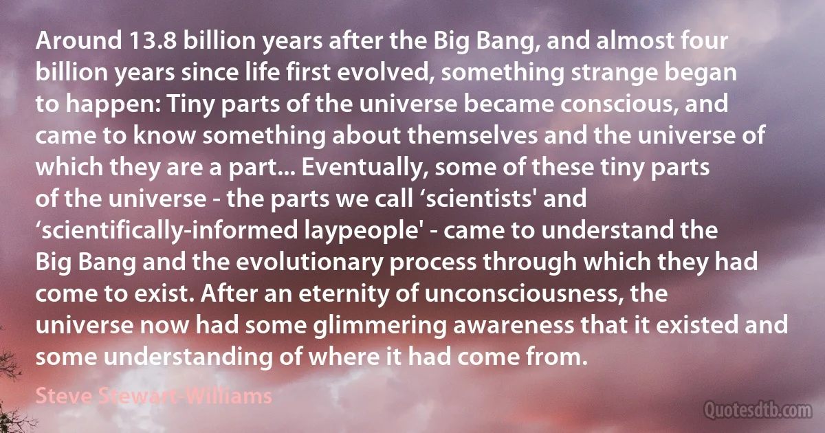 Around 13.8 billion years after the Big Bang, and almost four billion years since life first evolved, something strange began to happen: Tiny parts of the universe became conscious, and came to know something about themselves and the universe of which they are a part... Eventually, some of these tiny parts of the universe - the parts we call ‘scientists' and ‘scientifically-informed laypeople' - came to understand the Big Bang and the evolutionary process through which they had come to exist. After an eternity of unconsciousness, the universe now had some glimmering awareness that it existed and some understanding of where it had come from. (Steve Stewart-Williams)