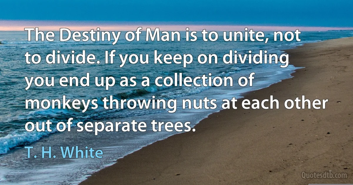 The Destiny of Man is to unite, not to divide. If you keep on dividing you end up as a collection of monkeys throwing nuts at each other out of separate trees. (T. H. White)