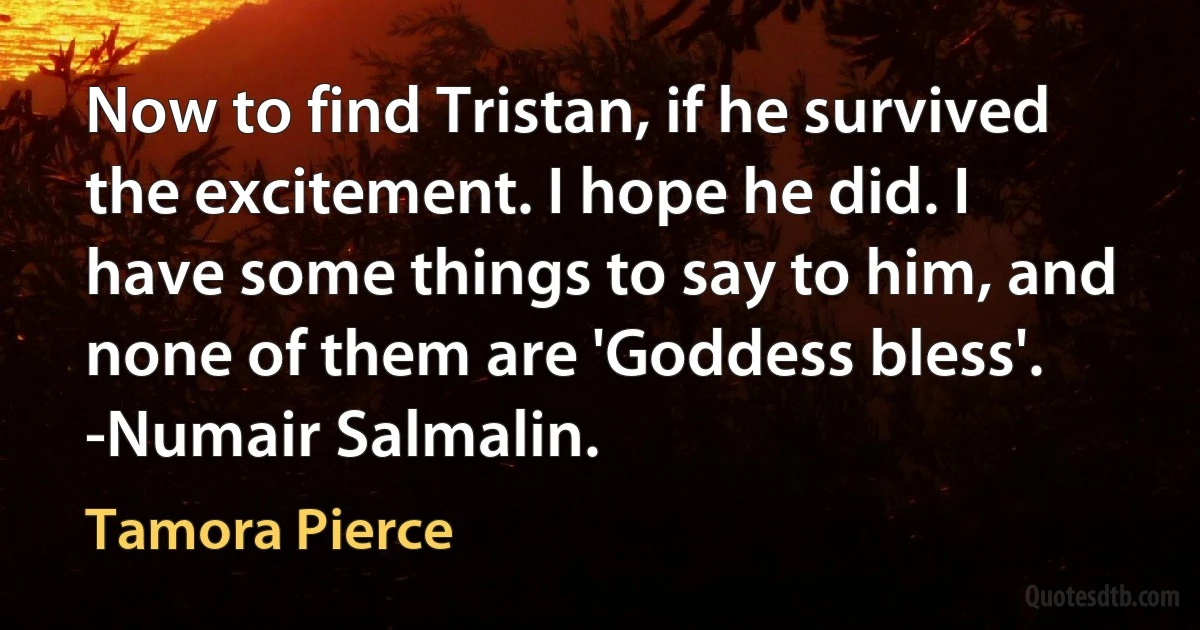 Now to find Tristan, if he survived the excitement. I hope he did. I have some things to say to him, and none of them are 'Goddess bless'. -Numair Salmalin. (Tamora Pierce)