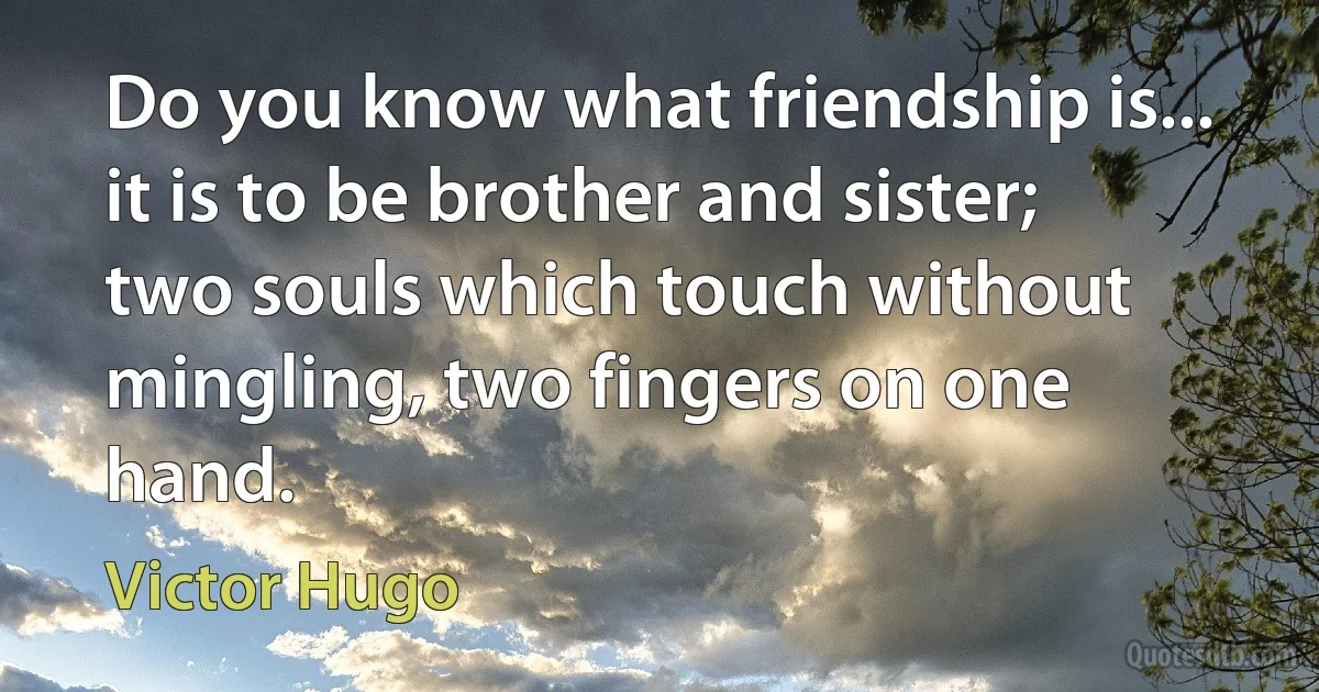 Do you know what friendship is... it is to be brother and sister; two souls which touch without mingling, two fingers on one hand. (Victor Hugo)