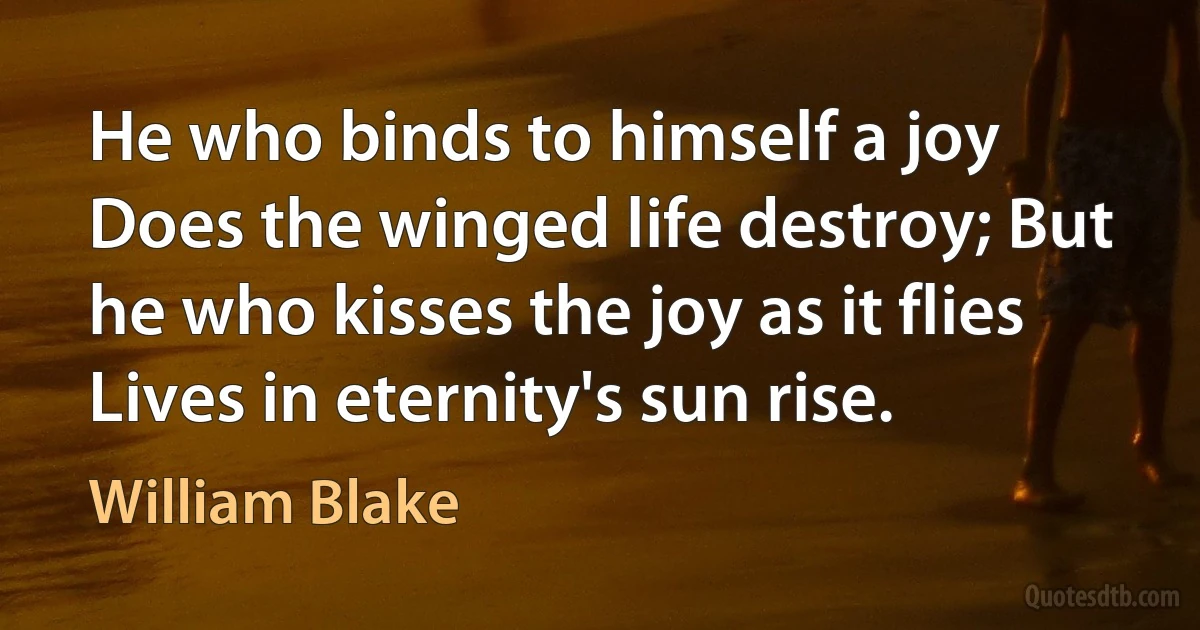 He who binds to himself a joy Does the winged life destroy; But he who kisses the joy as it flies Lives in eternity's sun rise. (William Blake)