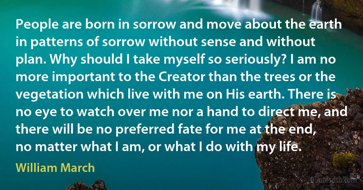 People are born in sorrow and move about the earth in patterns of sorrow without sense and without plan. Why should I take myself so seriously? I am no more important to the Creator than the trees or the vegetation which live with me on His earth. There is no eye to watch over me nor a hand to direct me, and there will be no preferred fate for me at the end, no matter what I am, or what I do with my life. (William March)