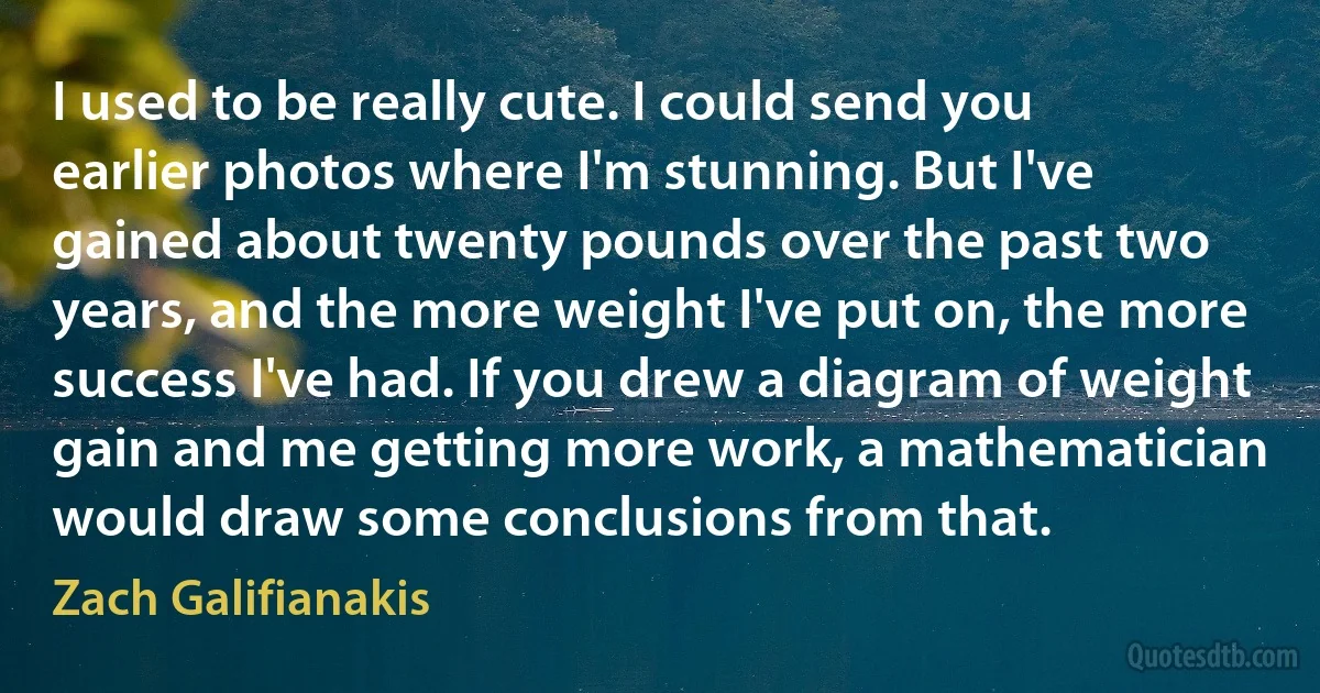 I used to be really cute. I could send you earlier photos where I'm stunning. But I've gained about twenty pounds over the past two years, and the more weight I've put on, the more success I've had. If you drew a diagram of weight gain and me getting more work, a mathematician would draw some conclusions from that. (Zach Galifianakis)