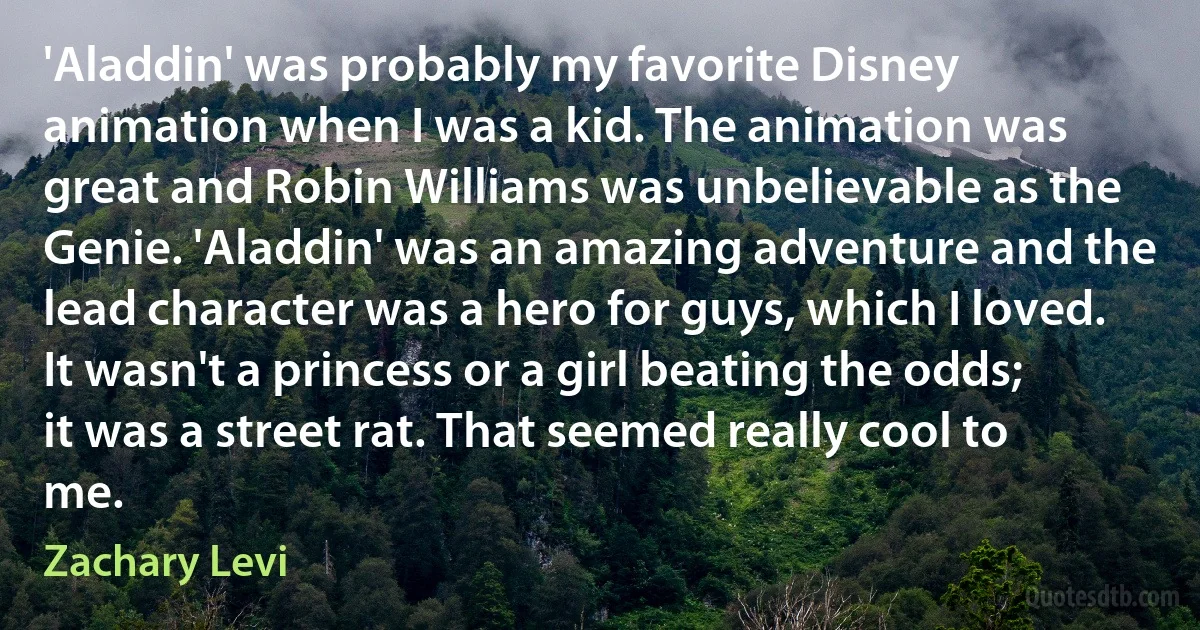 'Aladdin' was probably my favorite Disney animation when I was a kid. The animation was great and Robin Williams was unbelievable as the Genie. 'Aladdin' was an amazing adventure and the lead character was a hero for guys, which I loved. It wasn't a princess or a girl beating the odds; it was a street rat. That seemed really cool to me. (Zachary Levi)