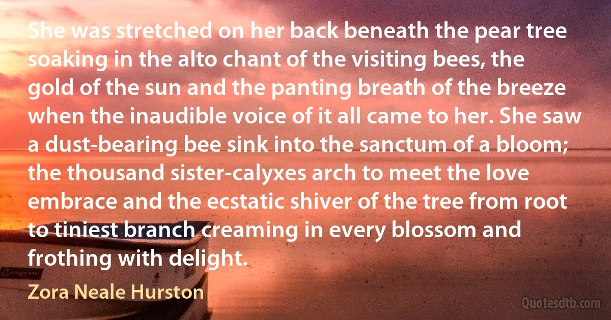 She was stretched on her back beneath the pear tree soaking in the alto chant of the visiting bees, the gold of the sun and the panting breath of the breeze when the inaudible voice of it all came to her. She saw a dust-bearing bee sink into the sanctum of a bloom; the thousand sister-calyxes arch to meet the love embrace and the ecstatic shiver of the tree from root to tiniest branch creaming in every blossom and frothing with delight. (Zora Neale Hurston)