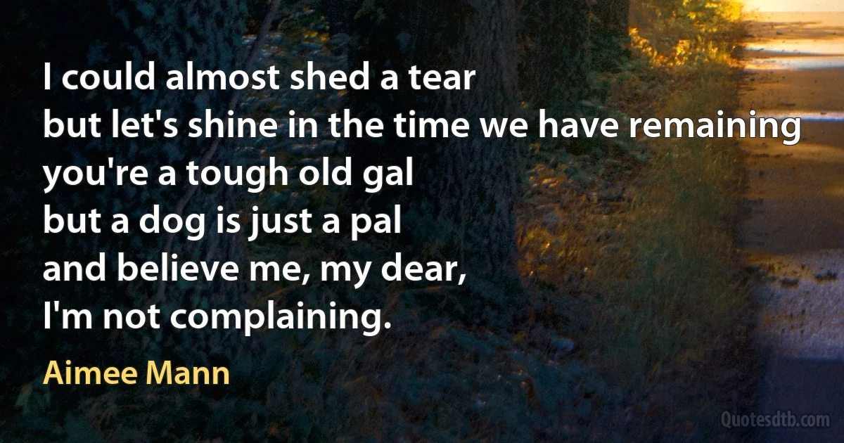 I could almost shed a tear
but let's shine in the time we have remaining
you're a tough old gal
but a dog is just a pal
and believe me, my dear,
I'm not complaining. (Aimee Mann)