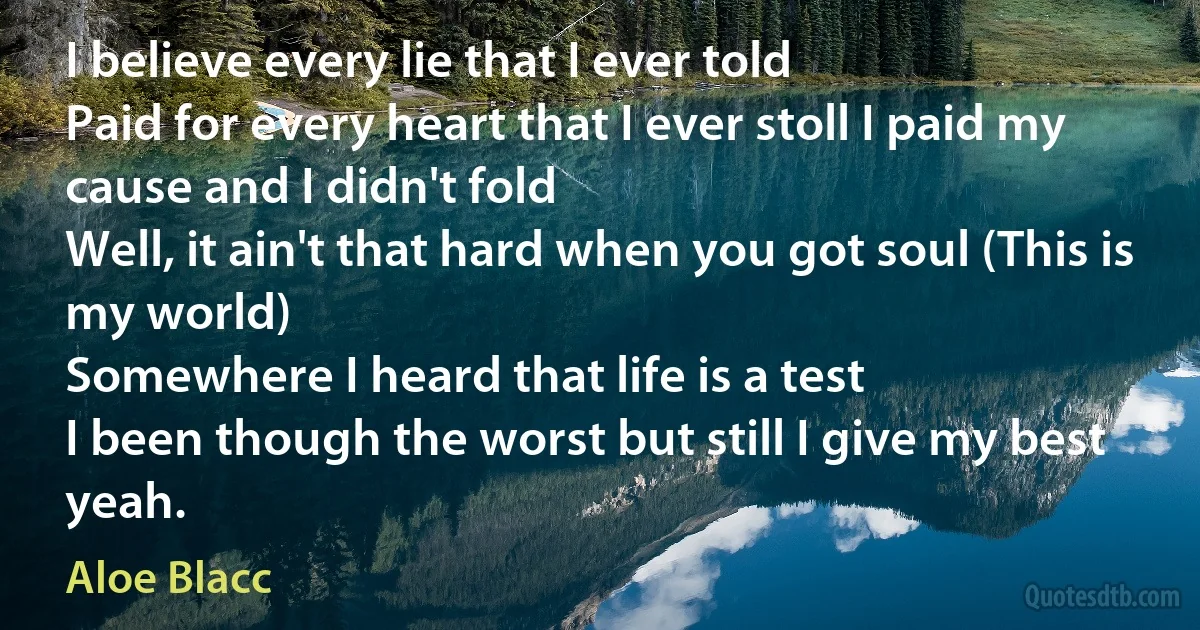 I believe every lie that I ever told
Paid for every heart that I ever stoll I paid my cause and I didn't fold
Well, it ain't that hard when you got soul (This is my world)
Somewhere I heard that life is a test
I been though the worst but still I give my best yeah. (Aloe Blacc)