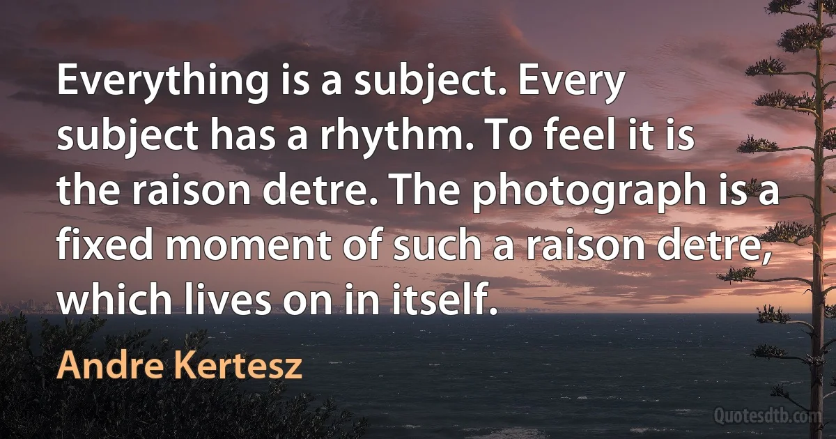 Everything is a subject. Every subject has a rhythm. To feel it is the raison detre. The photograph is a fixed moment of such a raison detre, which lives on in itself. (Andre Kertesz)