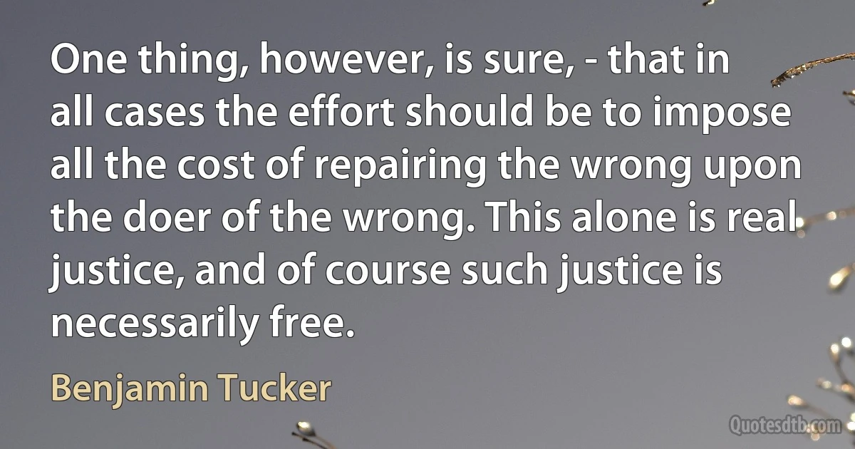 One thing, however, is sure, - that in all cases the effort should be to impose all the cost of repairing the wrong upon the doer of the wrong. This alone is real justice, and of course such justice is necessarily free. (Benjamin Tucker)