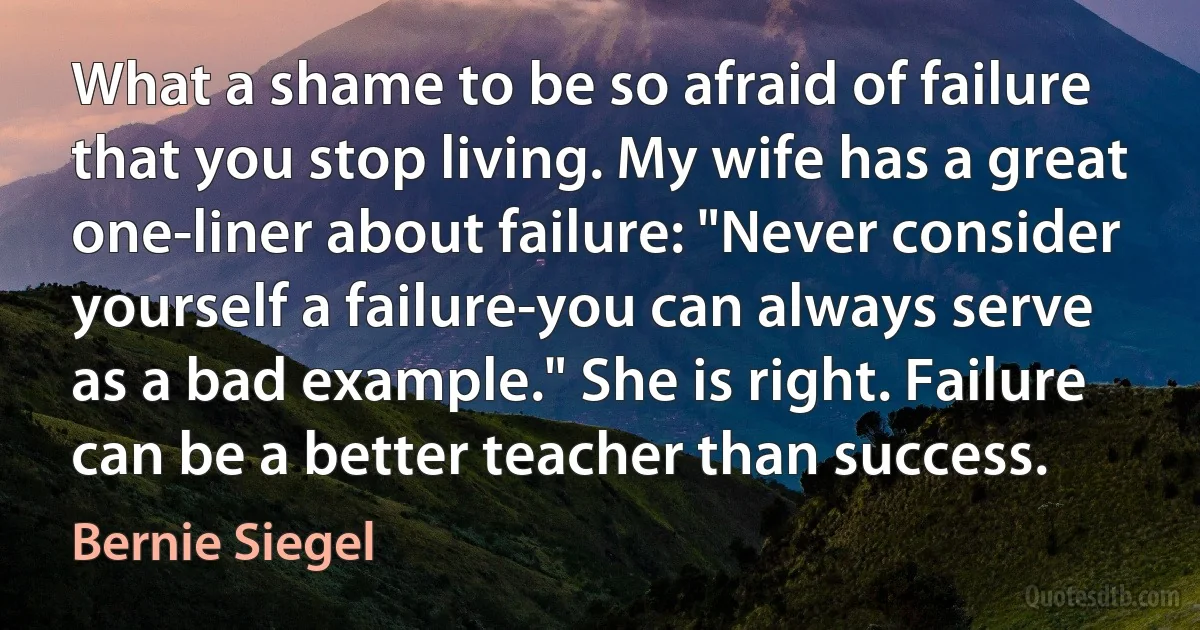 What a shame to be so afraid of failure that you stop living. My wife has a great one-liner about failure: "Never consider yourself a failure-you can always serve as a bad example." She is right. Failure can be a better teacher than success. (Bernie Siegel)