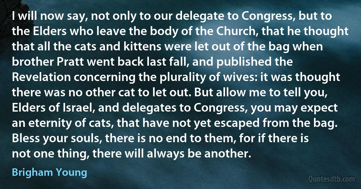 I will now say, not only to our delegate to Congress, but to the Elders who leave the body of the Church, that he thought that all the cats and kittens were let out of the bag when brother Pratt went back last fall, and published the Revelation concerning the plurality of wives: it was thought there was no other cat to let out. But allow me to tell you, Elders of Israel, and delegates to Congress, you may expect an eternity of cats, that have not yet escaped from the bag. Bless your souls, there is no end to them, for if there is not one thing, there will always be another. (Brigham Young)