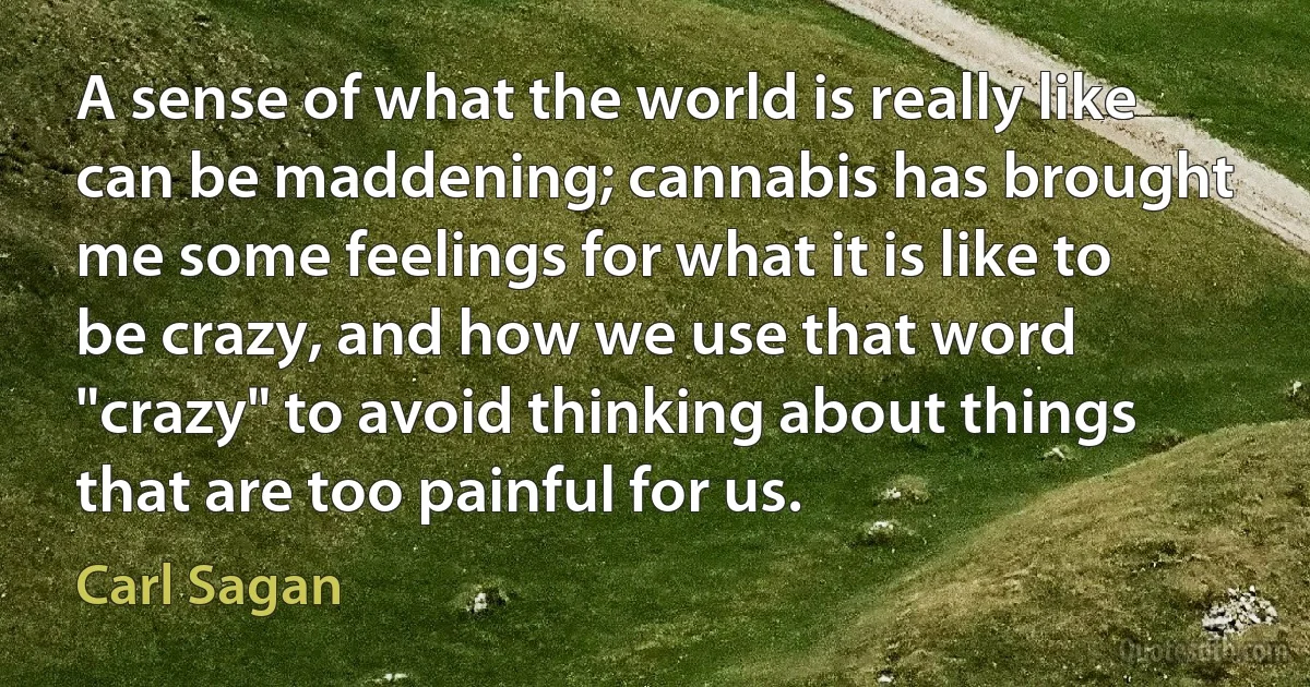 A sense of what the world is really like can be maddening; cannabis has brought me some feelings for what it is like to be crazy, and how we use that word "crazy" to avoid thinking about things that are too painful for us. (Carl Sagan)