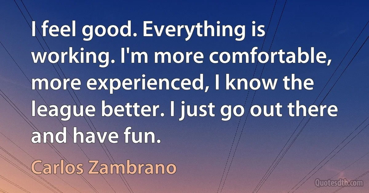 I feel good. Everything is working. I'm more comfortable, more experienced, I know the league better. I just go out there and have fun. (Carlos Zambrano)