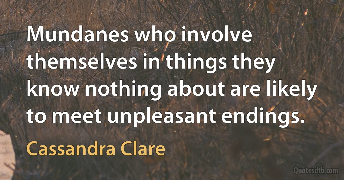 Mundanes who involve themselves in things they know nothing about are likely to meet unpleasant endings. (Cassandra Clare)