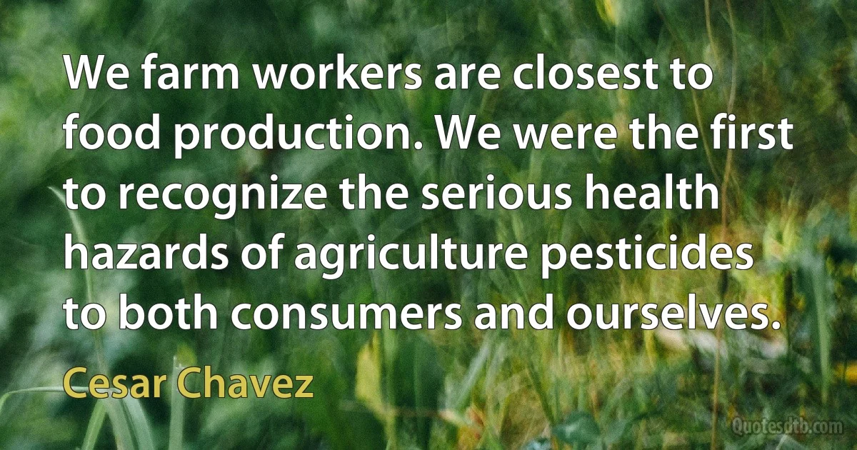 We farm workers are closest to food production. We were the first to recognize the serious health hazards of agriculture pesticides to both consumers and ourselves. (Cesar Chavez)