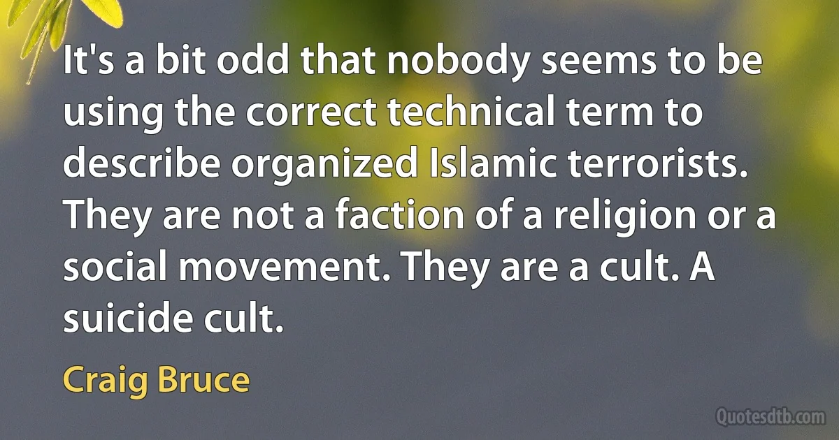 It's a bit odd that nobody seems to be using the correct technical term to describe organized Islamic terrorists. They are not a faction of a religion or a social movement. They are a cult. A suicide cult. (Craig Bruce)